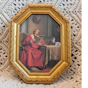 Vintage Cardinal with Cats Octagonal Gold Framed Print Religious Art 8x6